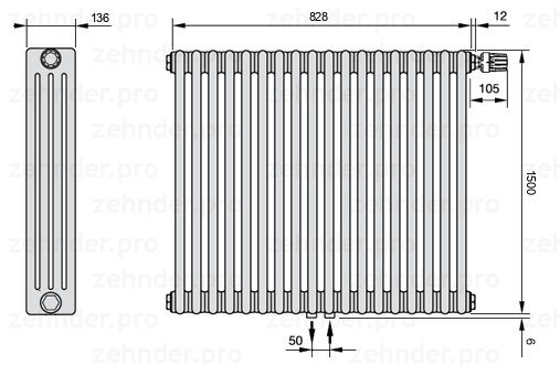 Схема (чертеж) Радиатор Zehnder Charleston 4150/18 №V008 Белый глянцевый RAL 9016